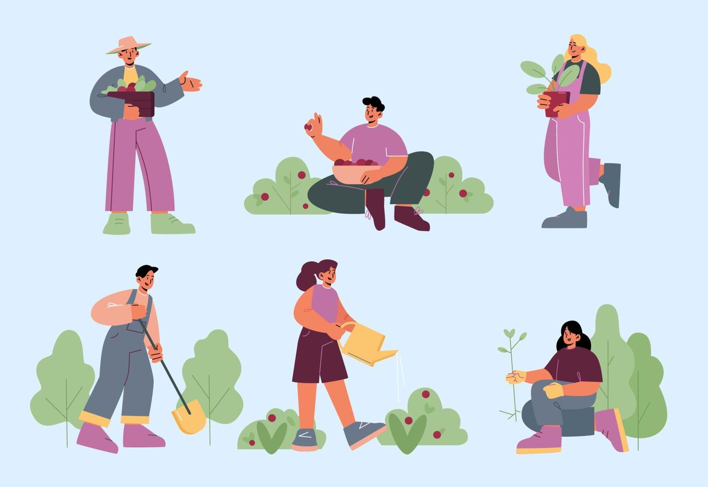 People work in garden, plant trees and harvest vector