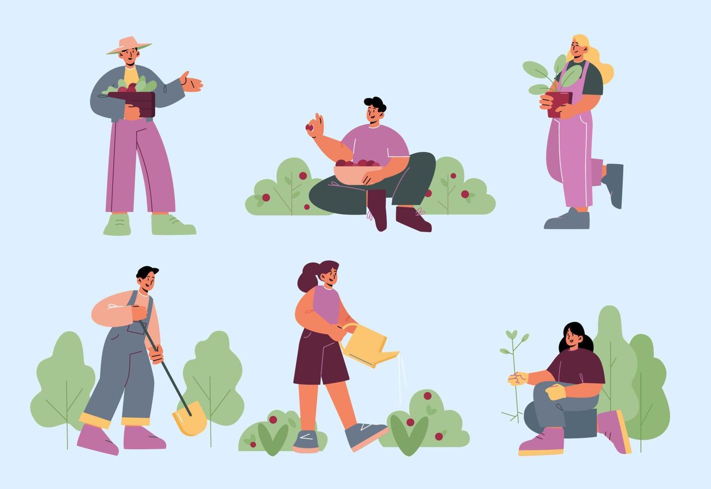 la gente trabaja en el jardín, planta árboles y cosecha vector