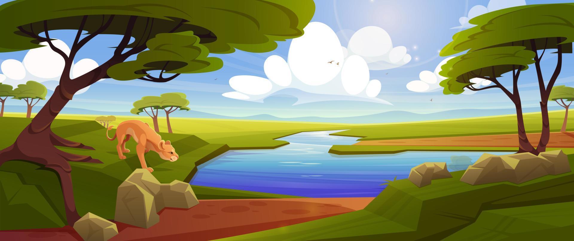 Savannah with lioness, river, acacia trees vector