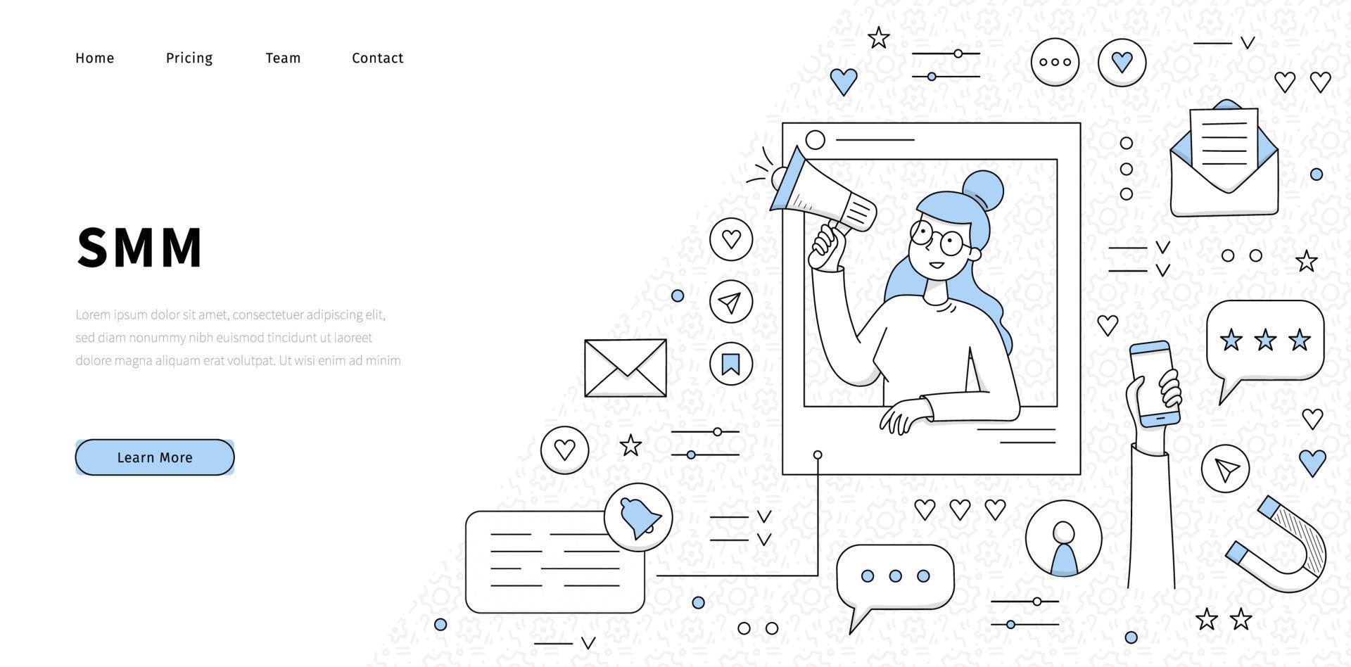 SMM social, media, marketing line art landing page vector