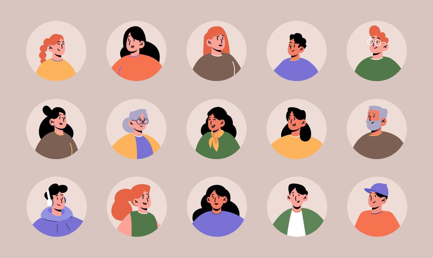 Set people avatars, young and old characters faces vector