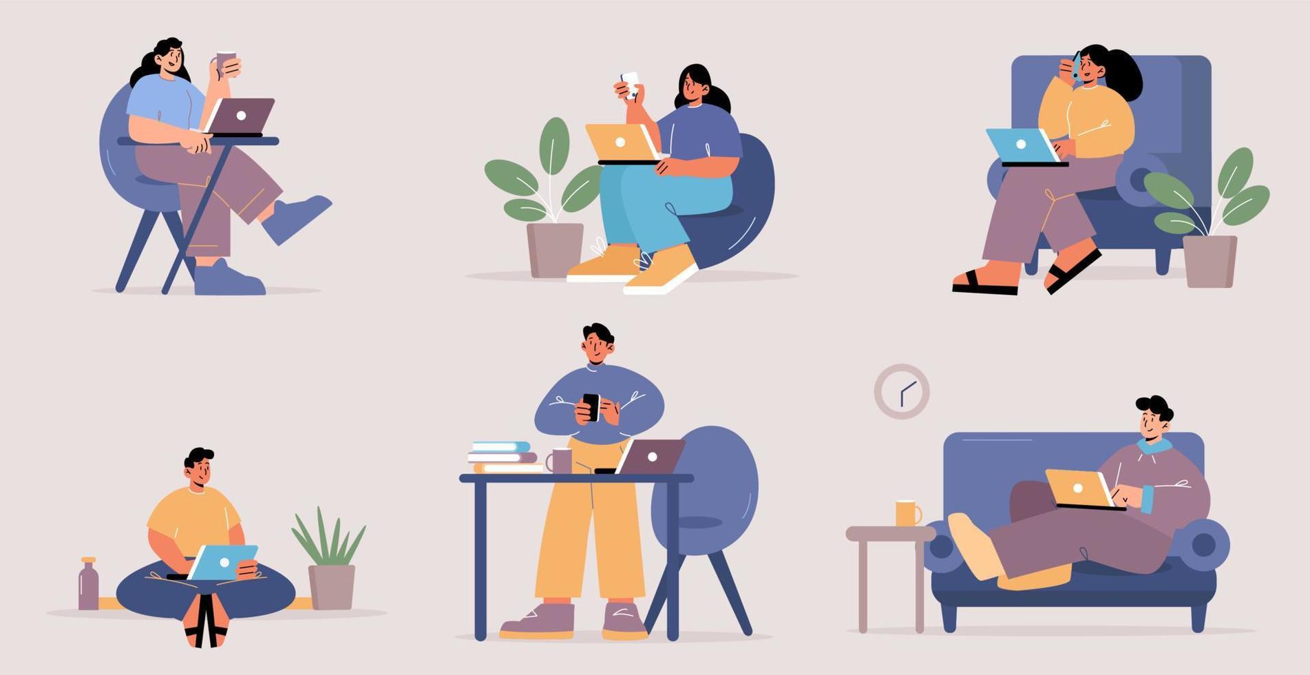 Work from home, set of people with laptops at home vector