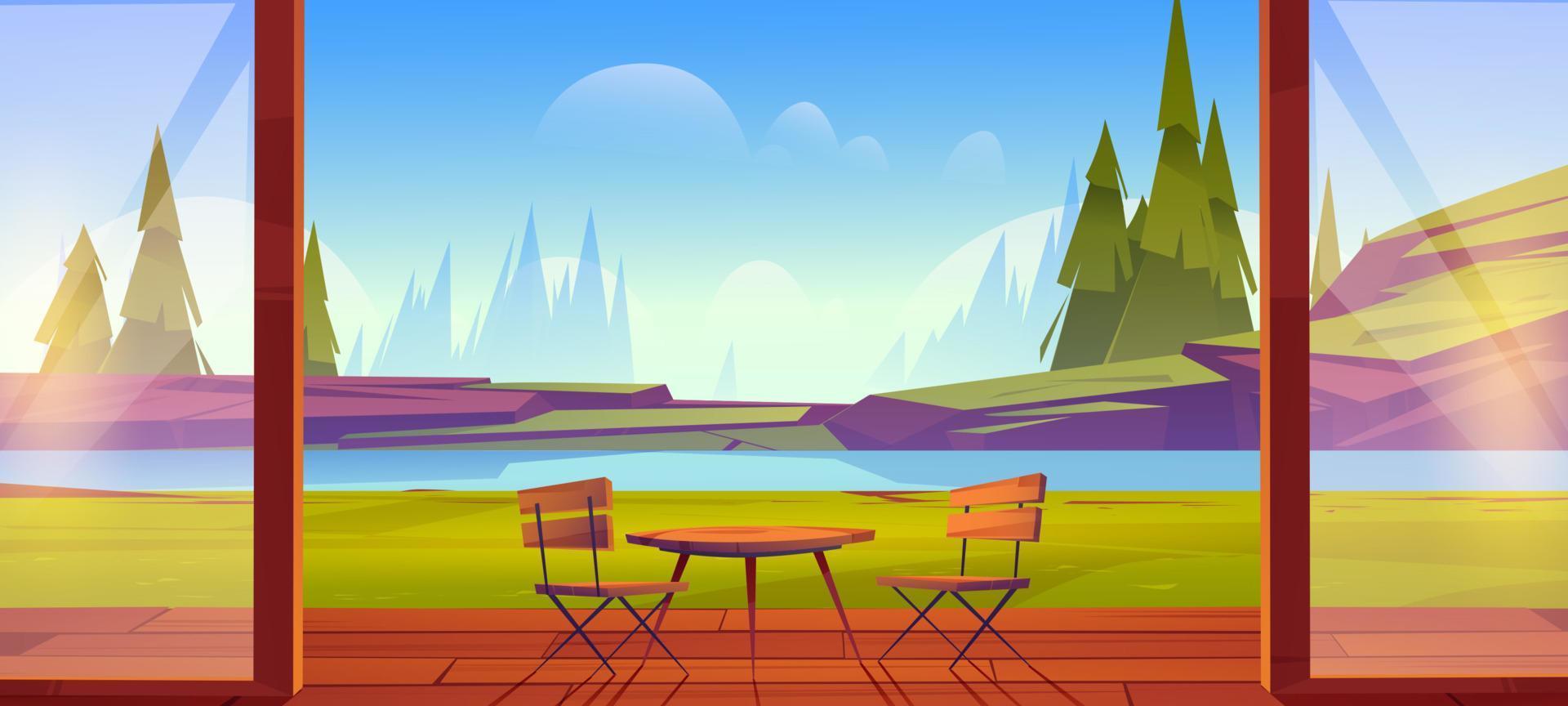 Home terrace with mountain lake view, landscape vector