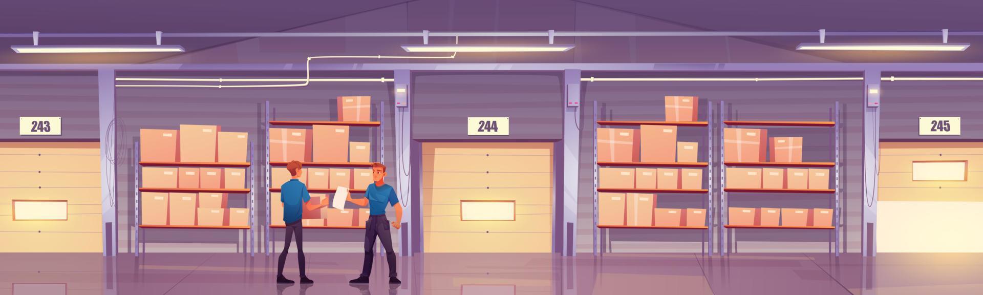 Warehouse with workers, boxes and closed gates vector