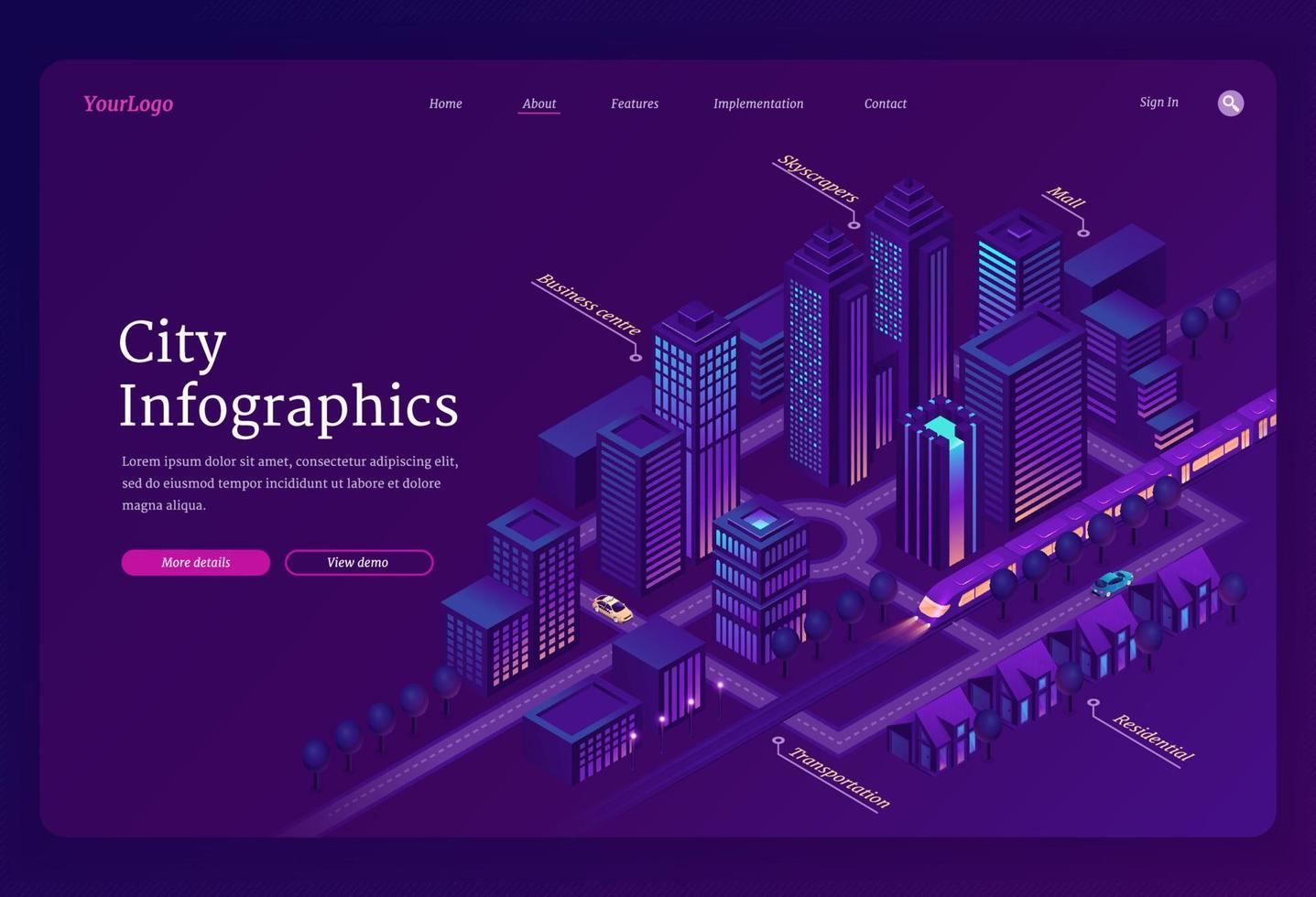 City infographics isometric landing, metropolis vector