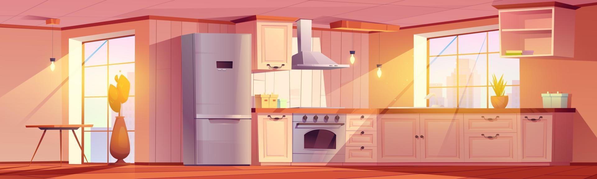 Kitchen interior with dining table, fridge, stove vector