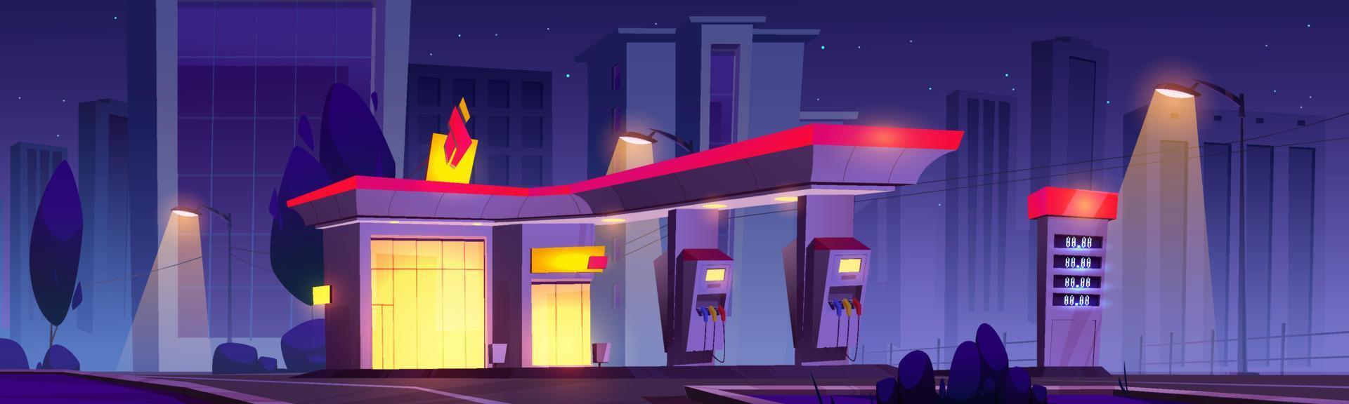 estación de aceite en la noche. servicio de repostaje nocturno vector