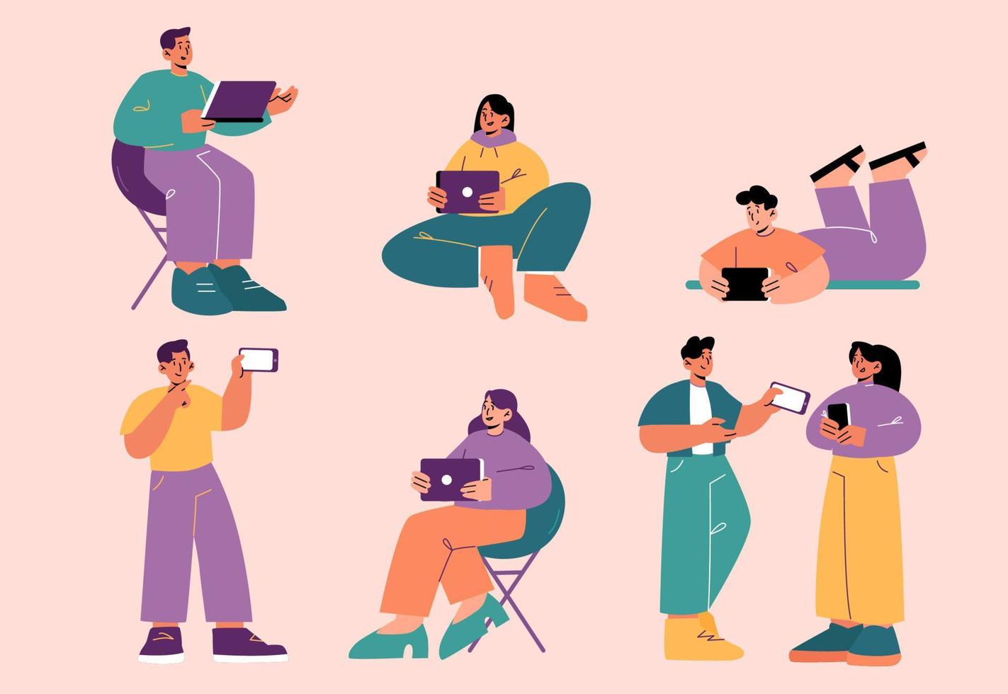 People using mobile phone, tablet and laptop vector