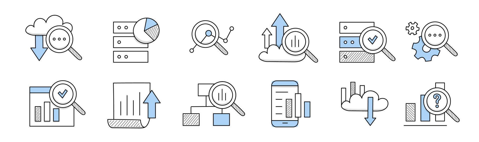 Data analysis doodle icons, line art vector signs