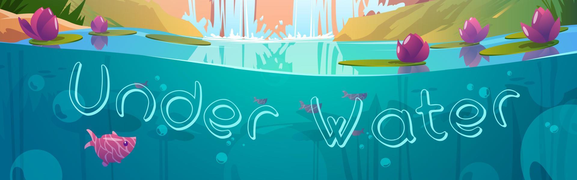 bajo el fondo del agua, banner de dibujos animados con estanque vector