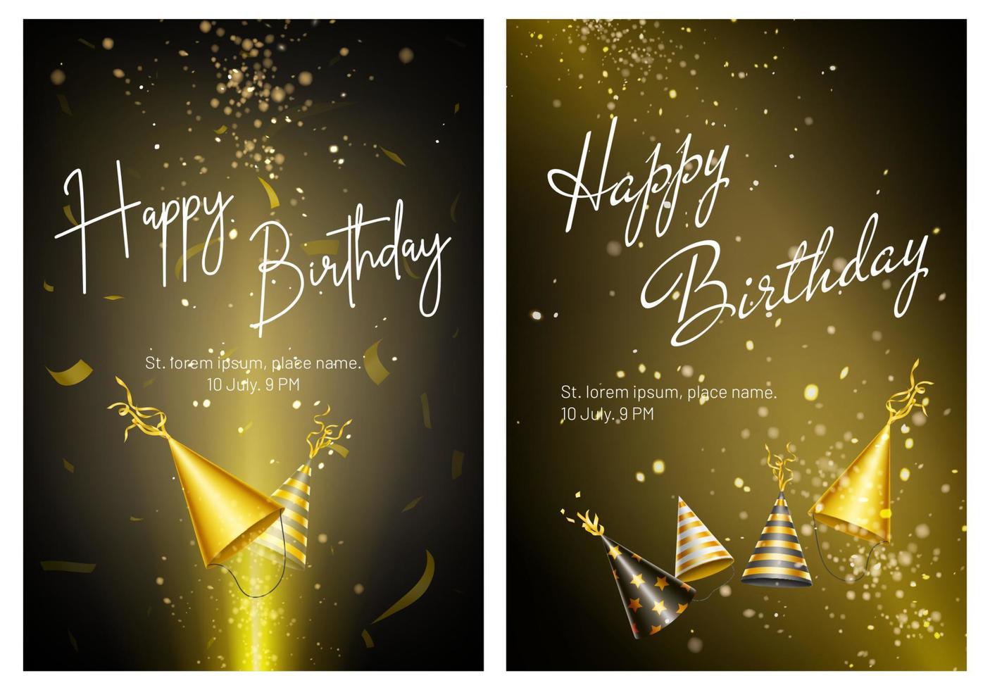 Happy birthday cards with golden party hats vector