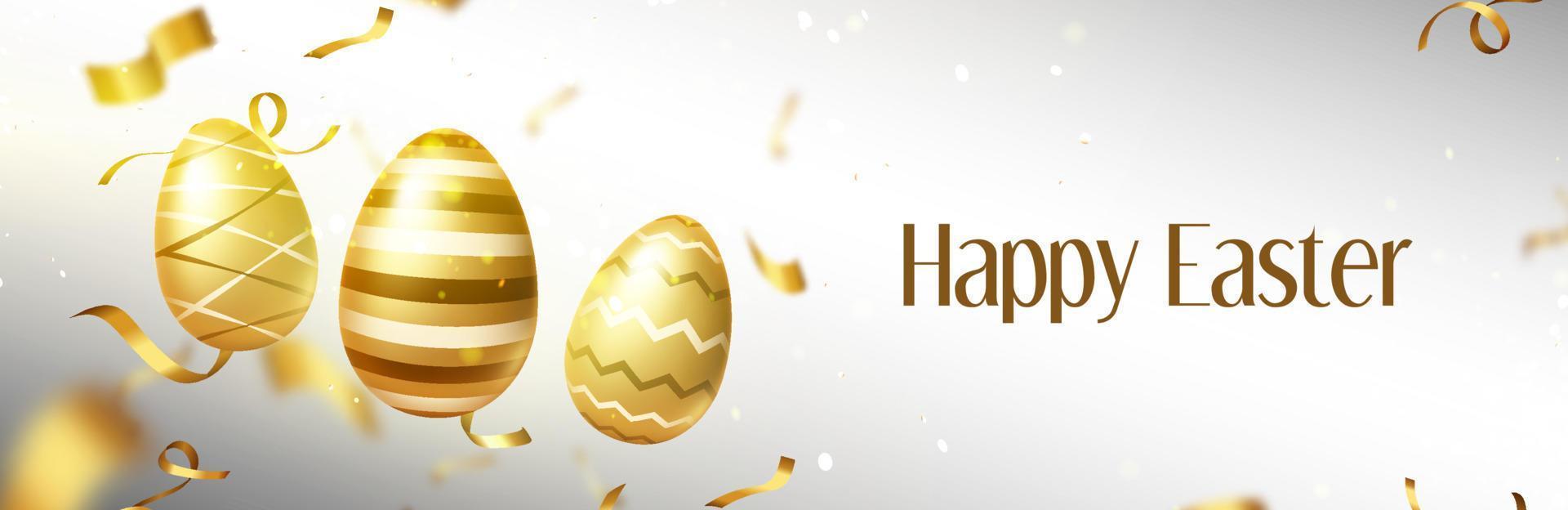 feliz pancarta de pascua con huevos de oro y confeti vector