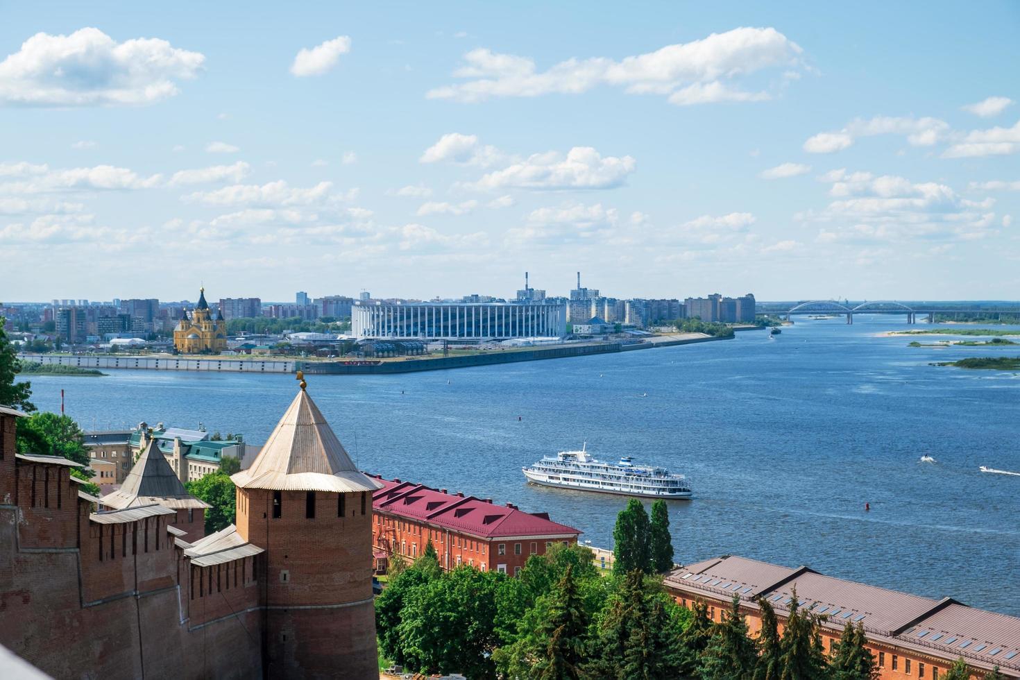 Nizhny Novgorod, Russia. - July 22, 2022. View of the confluence of the Volga and Oka rivers from the territory of the Nizhny Novgorod Kremlin. Selective focus. photo