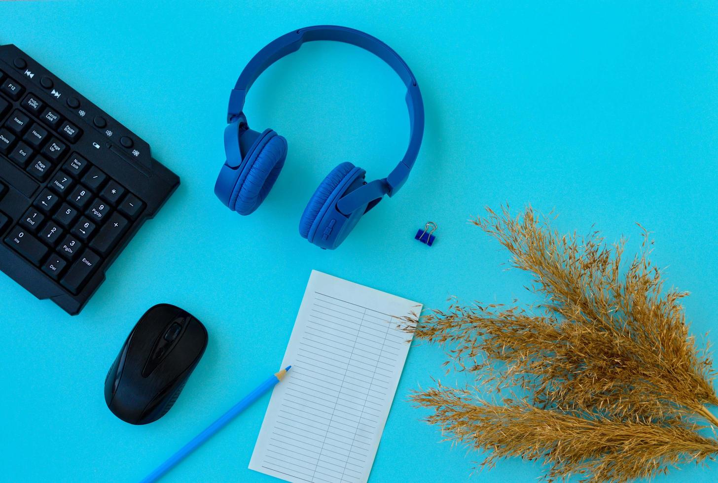 Flat lay home office desk. Workspace with laptop, headphones, pencil, papas grass and a piece of paper for notes on blue background. Top view feminine background. photo