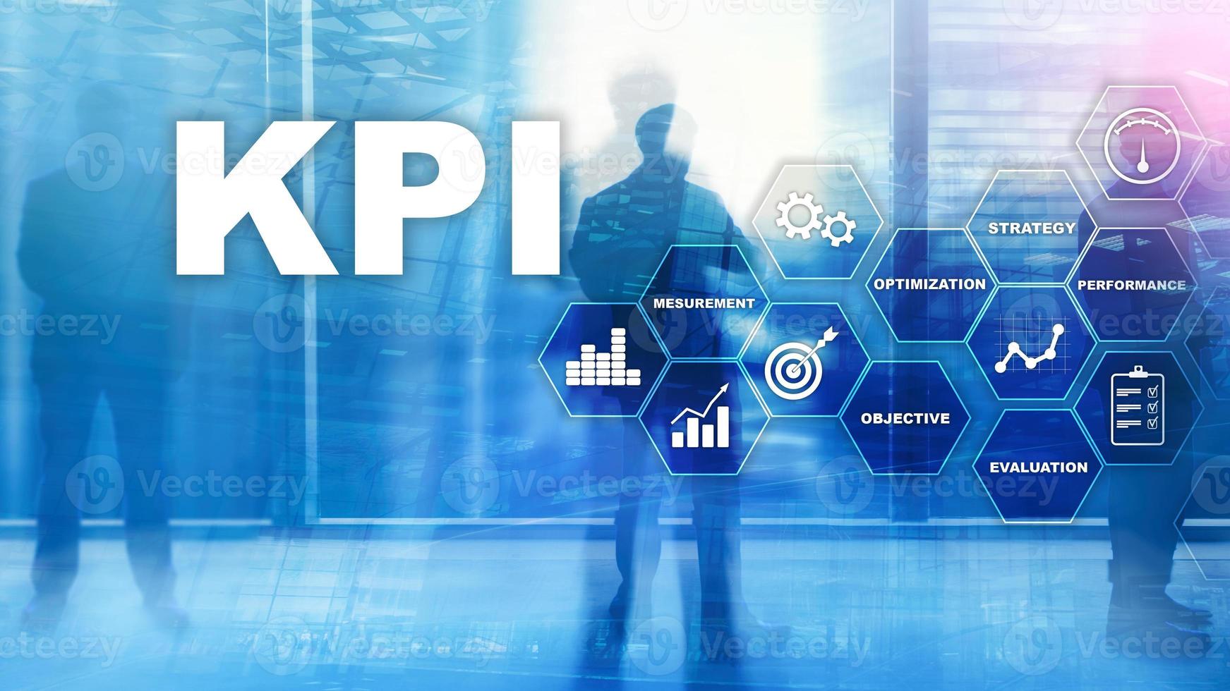 kpi - indicador clave de rendimiento. concepto de negocio y tecnología. exposición múltiple, técnica mixta. concepto financiero sobre fondo borroso foto