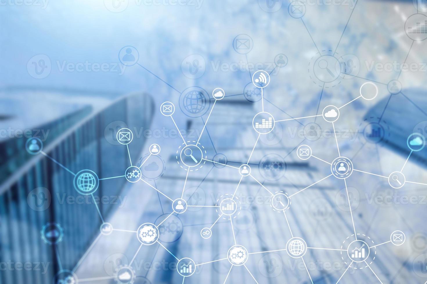 Double exposure Business organization structure on blurred background photo