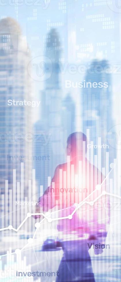 Vertical Panorama Banner. Business abstract background double exposure graph, chart and diagram. World wide map and. Global business and financial trading concept. photo