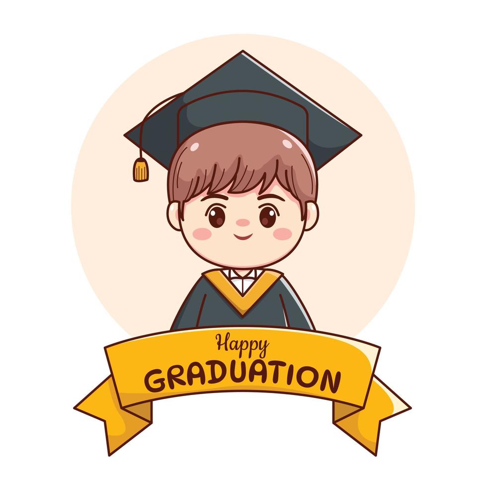 pancarta o cinta feliz graduación chico guapo con toga y birrete cute kawaii chibi cartoon vector