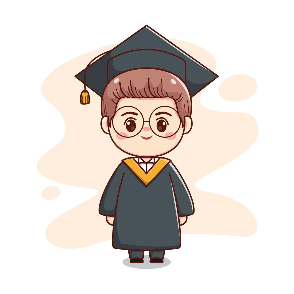 happy graduation handsome boy with cap, gown and glasses cute kawaii chibi cartoon character illustration vector