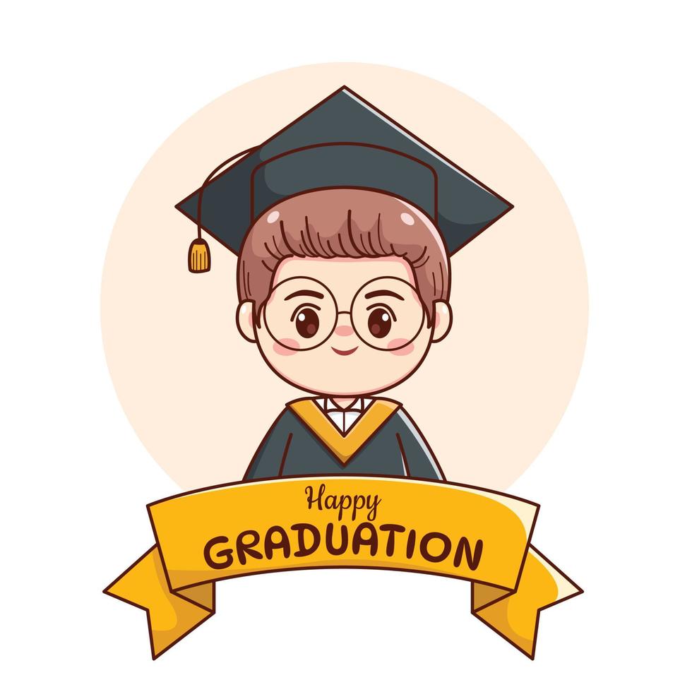 pancarta o cinta feliz graduación chico guapo con gorra, bata y anteojos lindo kawaii chibi vector