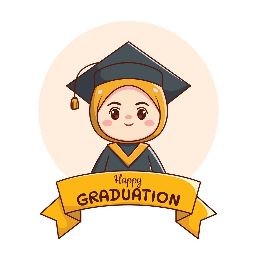 pancarta o cinta feliz graduación musulmán hijab niña con toga y birrete lindo kawaii chibi dibujos animados vector