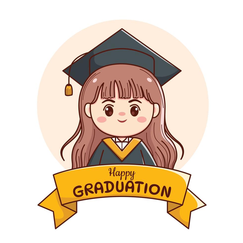 pancarta o cinta feliz graduación pelo largo niña con toga y birrete lindo kawaii chibi dibujos animados vector