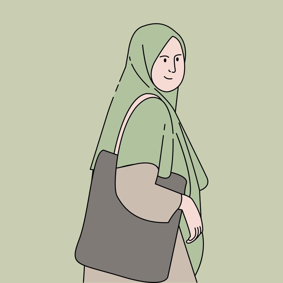 Muslim woman carrying bag manhwa character vector