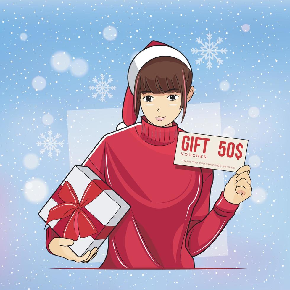 Young girl holding store gift coupon voucher card and present box vector illustration free download