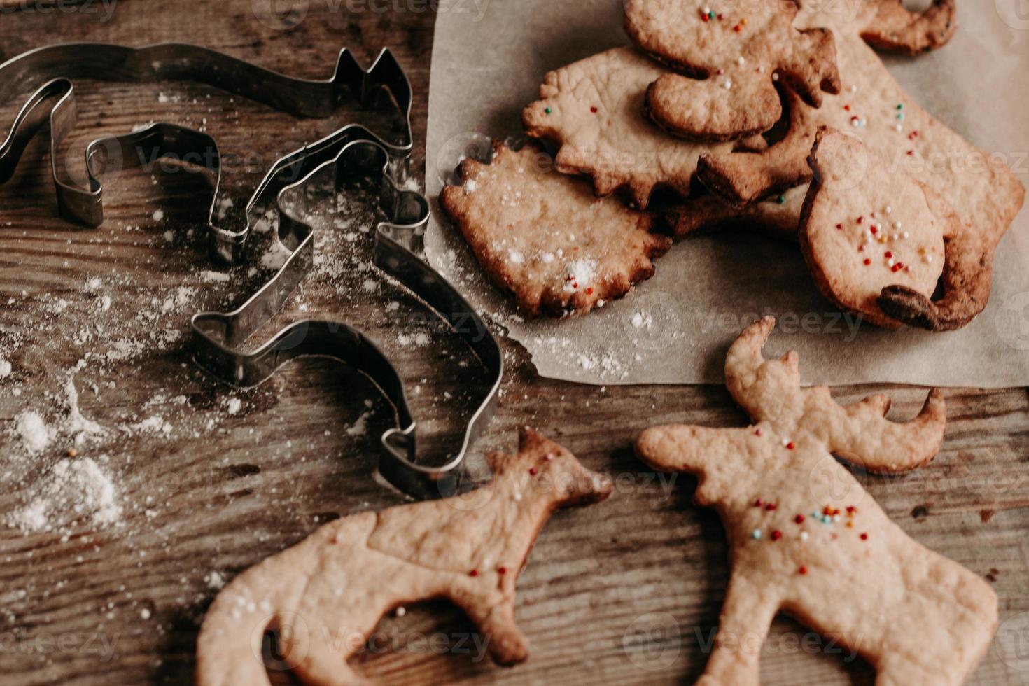 Christmas gingerbread cookies in the shape of animals on a dark, wooden background. DIY Christmas cookies. Hot chocolate with cream and biscuits. Animal figurine cookies photo