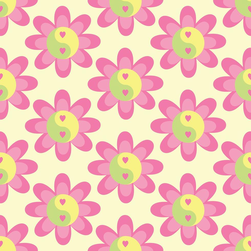 flor con símbolo de yin yang con corazones en color verde amarillo rosa. fondo vectorial, linda impresión hippie y2k, papel tapiz, diseño de textura vector