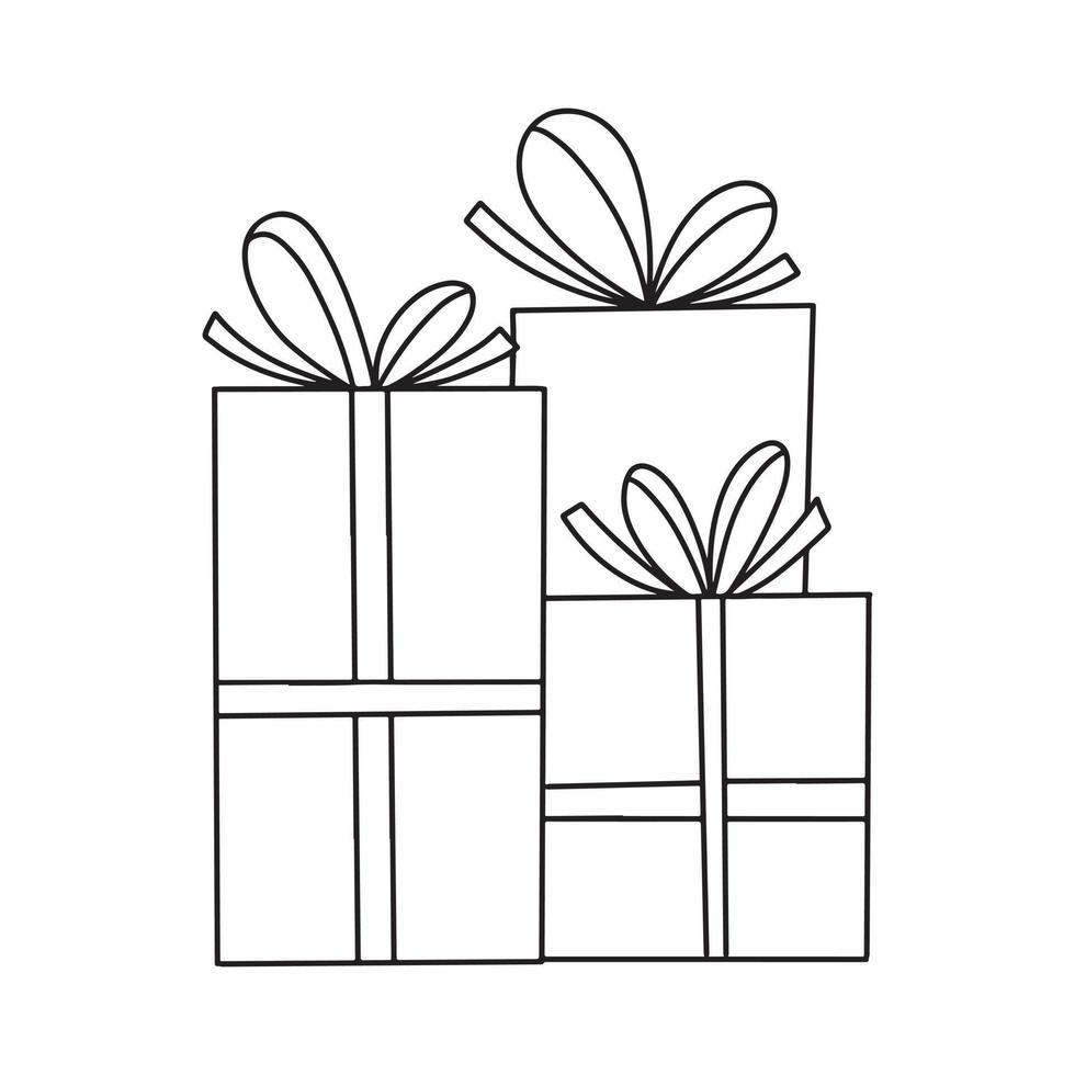 3 presents stacked in a Pile, different gift boxes, decorated with wrapping paper, ribbon, bows. Three gifts for holiday, birthday. Hand drawn outline doodle, simple vector illustration isolated