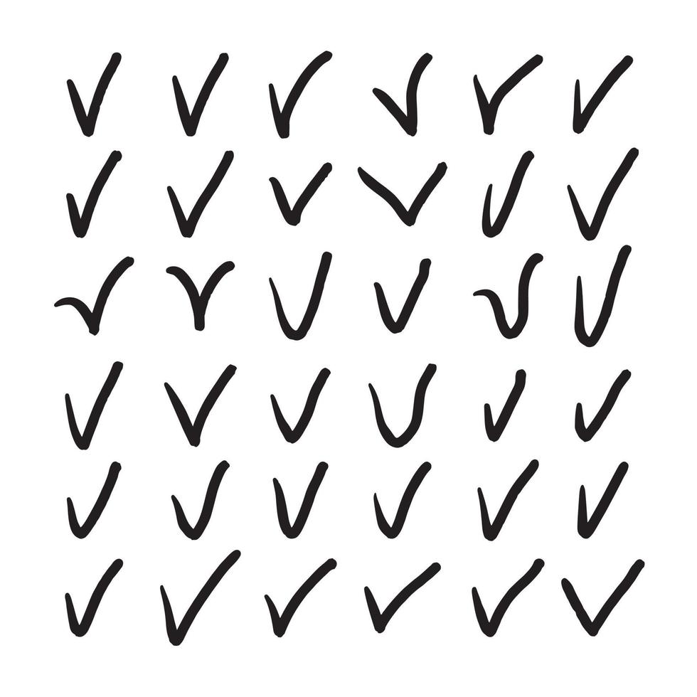 Set of sketch hand drawn thick check marks, V sign vector set isolated on white background. Different checklist marks icons