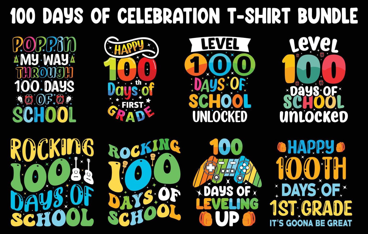 100th days of school t shirt Bundle, hundred days t shirt design set vector