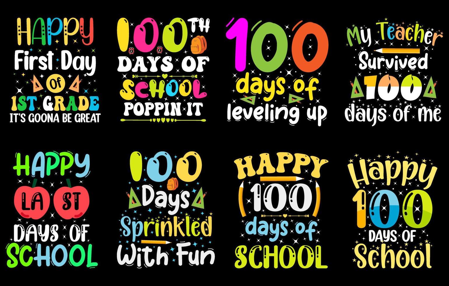 100th days of school t shirt Bundle, hundred days t shirt design set vector