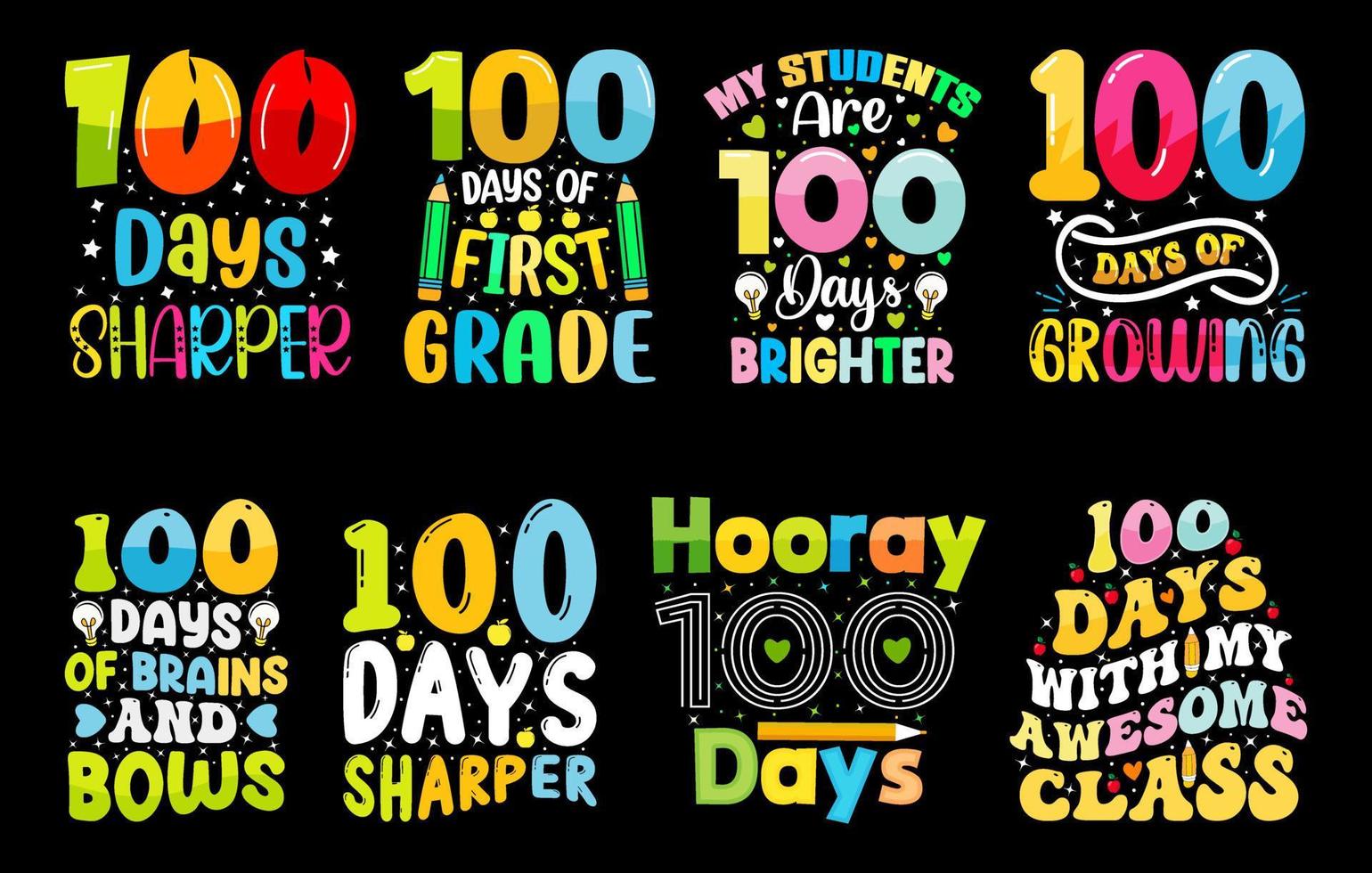 100th days of school t shirt Bundle, hundred days t shirt design set vector