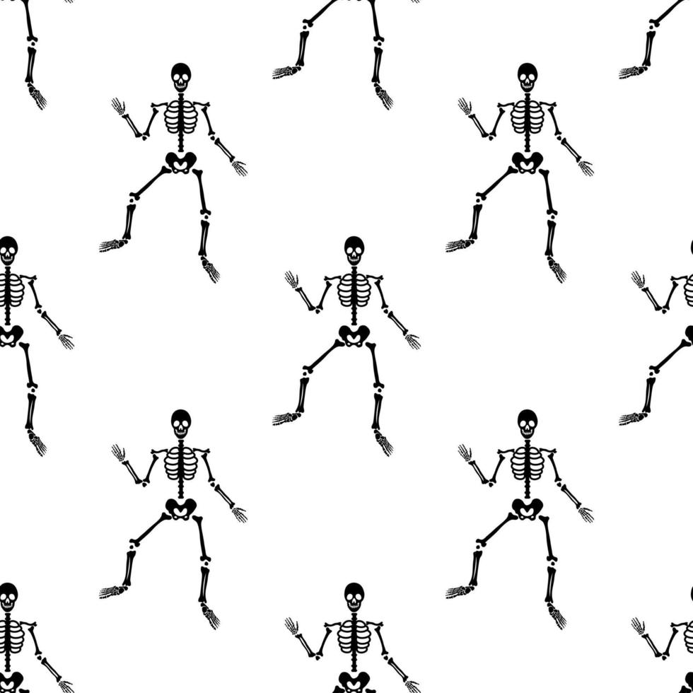 Black skeletons in various poses pattern. Halloween design. Perfect for fall, holidays, fabric, textile. Seamless repeat swatch. vector