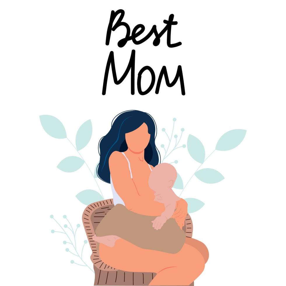 Breastfeeding illustration, mother feeding a baby with breast with nature and leaves background. Concept vector illustration in cartoon style.