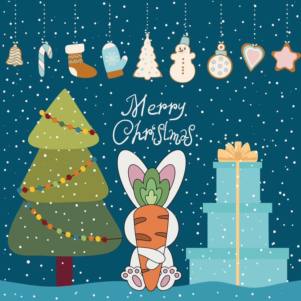 2023 year of the rabbit. Cute Christmas bunny at the Christmas tree with gifts. Vector illustration.