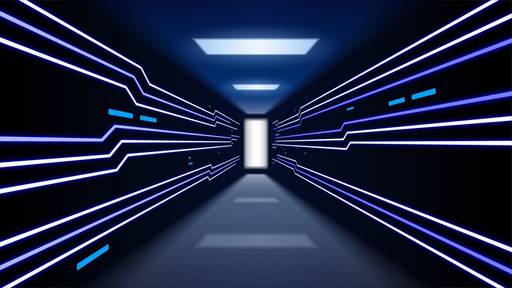 Blue Neon Visualization Projection of Data Transmission Through High Speed Internet Corridor. Widescreen Vector Illustration