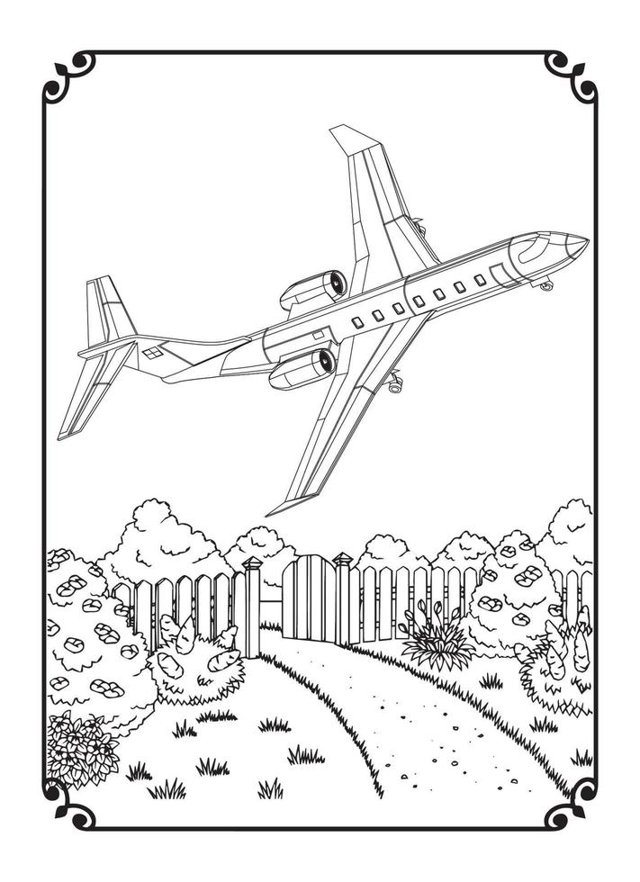 Airplane And City Coloring Page For Adult vector