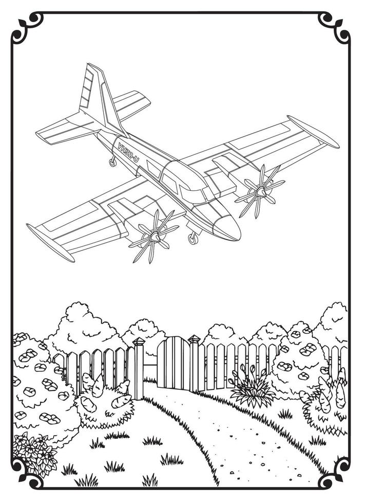 Airplane And City Coloring Page For Adult vector