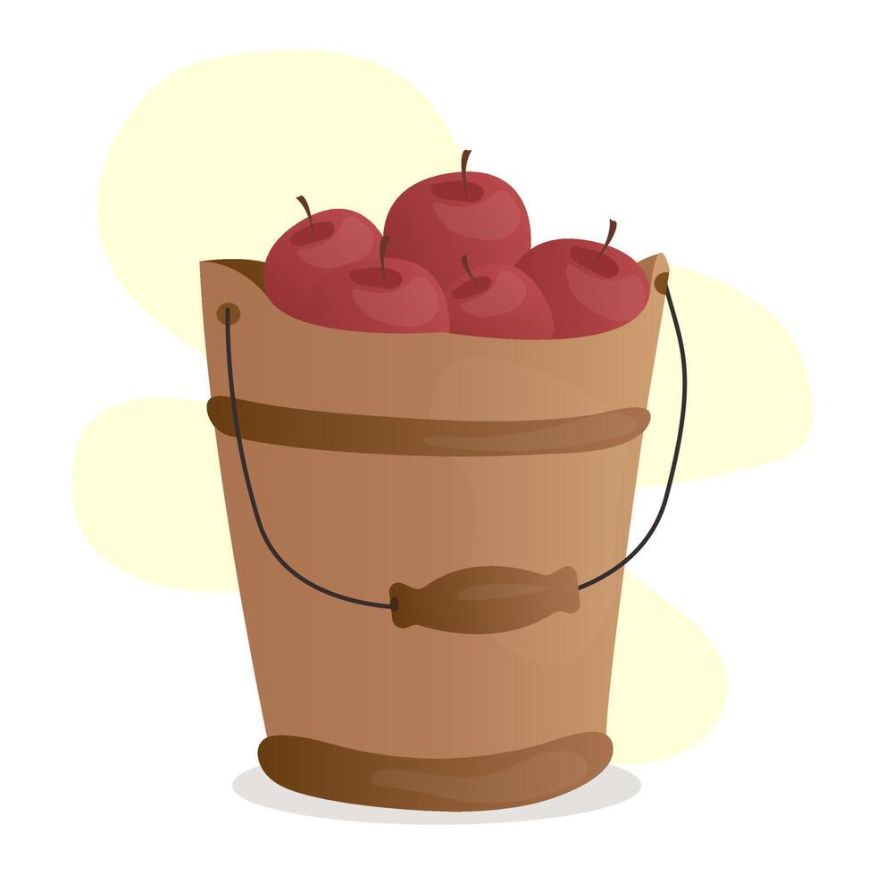 wooden bucket with ripe red apples vector