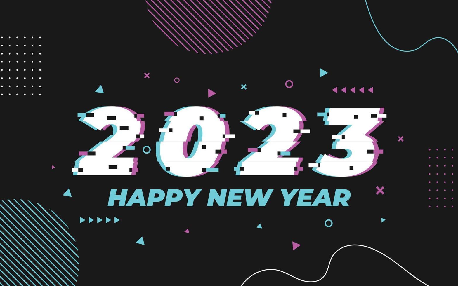 Happy new year 2023, 2023 logo with glitch effect vector template, Applicable for banner design, calendar, invitation, party flyer, etc.