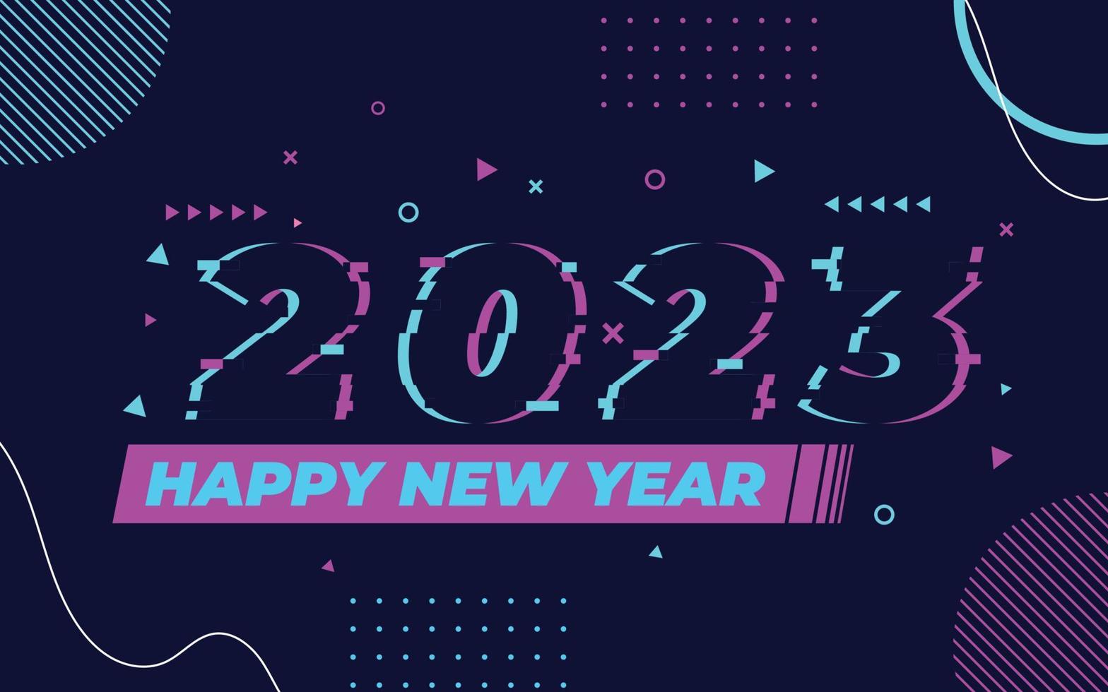 feliz año nuevo 2023, logotipo 2023 con plantilla vectorial de efecto de falla, aplicable para diseño de banner, calendario, invitación, volante de fiesta, etc. vector