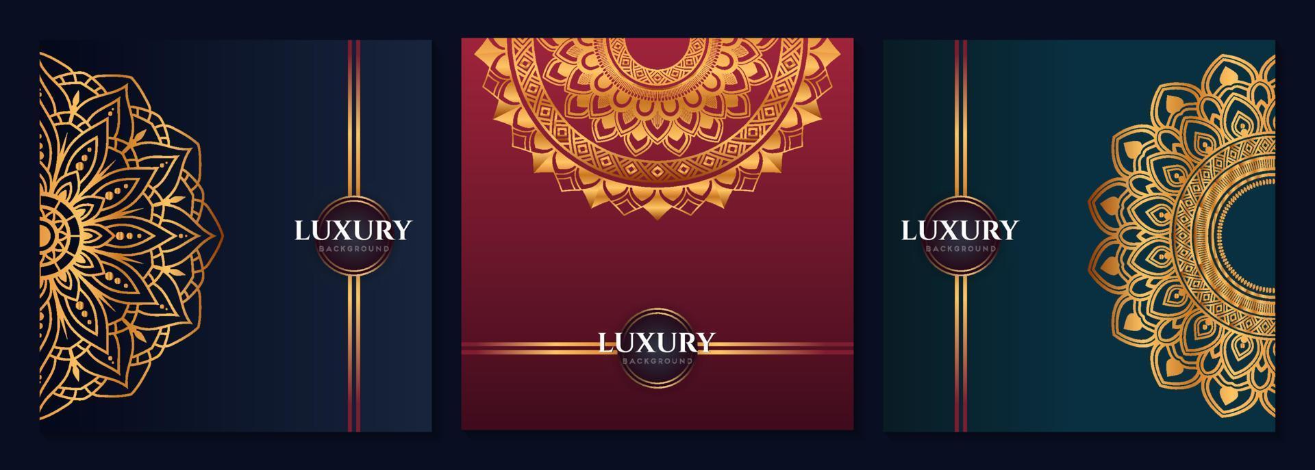 Set of abstract gold luxury mandala background vector template, Circular ornamental arabesque pattern for poster, cover, brochure, flyer. Red, green, blue background