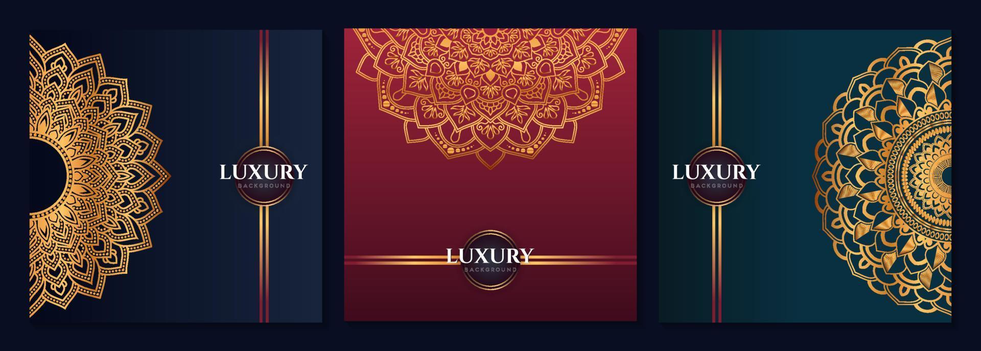 Set of abstract gold luxury mandala background vector template, Circular ornamental arabesque pattern for poster, cover, brochure, flyer. Red, green, blue background
