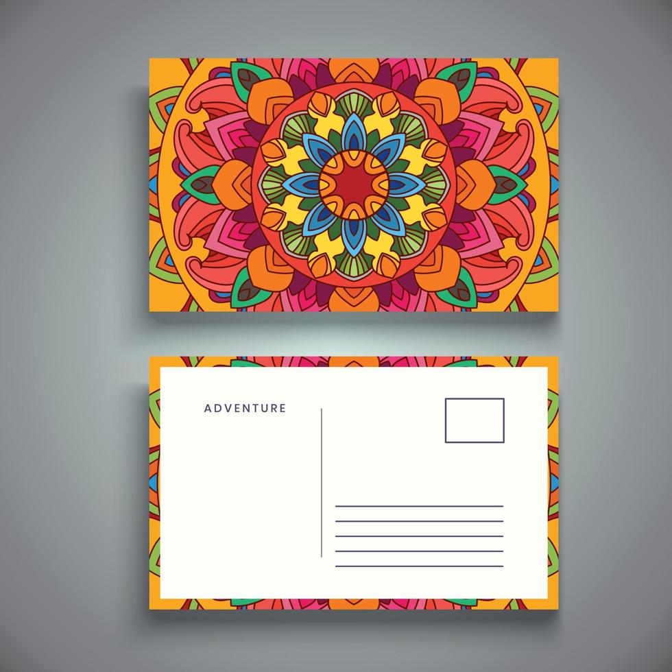 Postcard design template with arabesque floral mandala, Bright floral ornamental elements, Vector background template with ornamental mandala pattern design