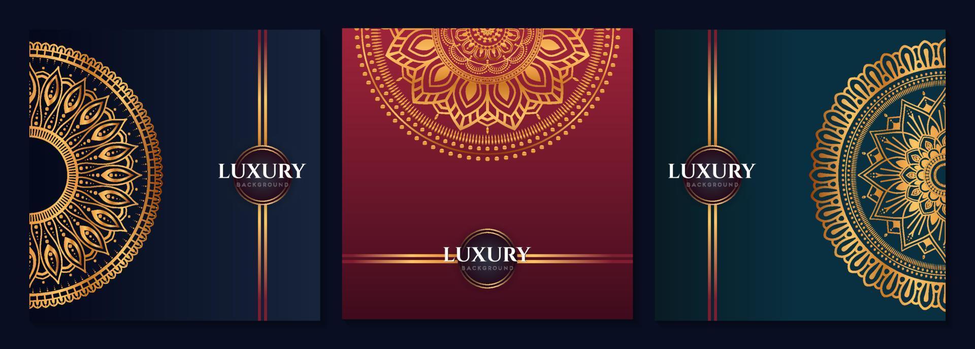 Set of abstract gold luxury mandala background vector template, Circular ornamental arabesque pattern for poster, cover, brochure, flyer. Red, green, blue background