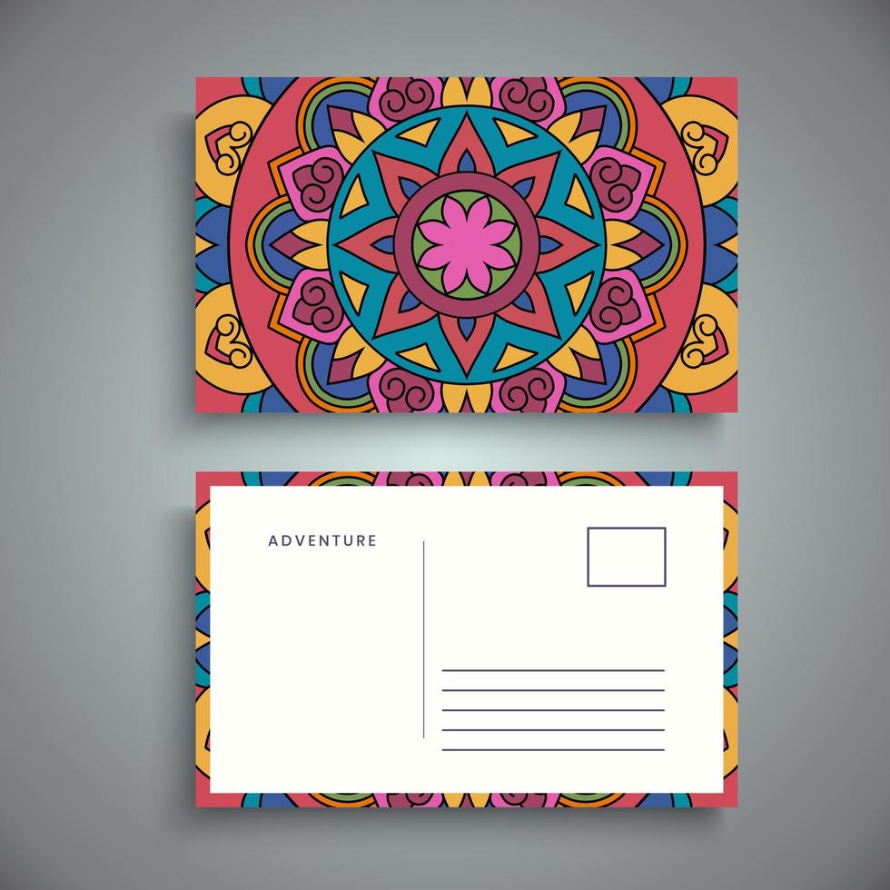 Postcard design template with arabesque floral mandala, Bright floral ornamental elements, Vector background template with ornamental mandala pattern design