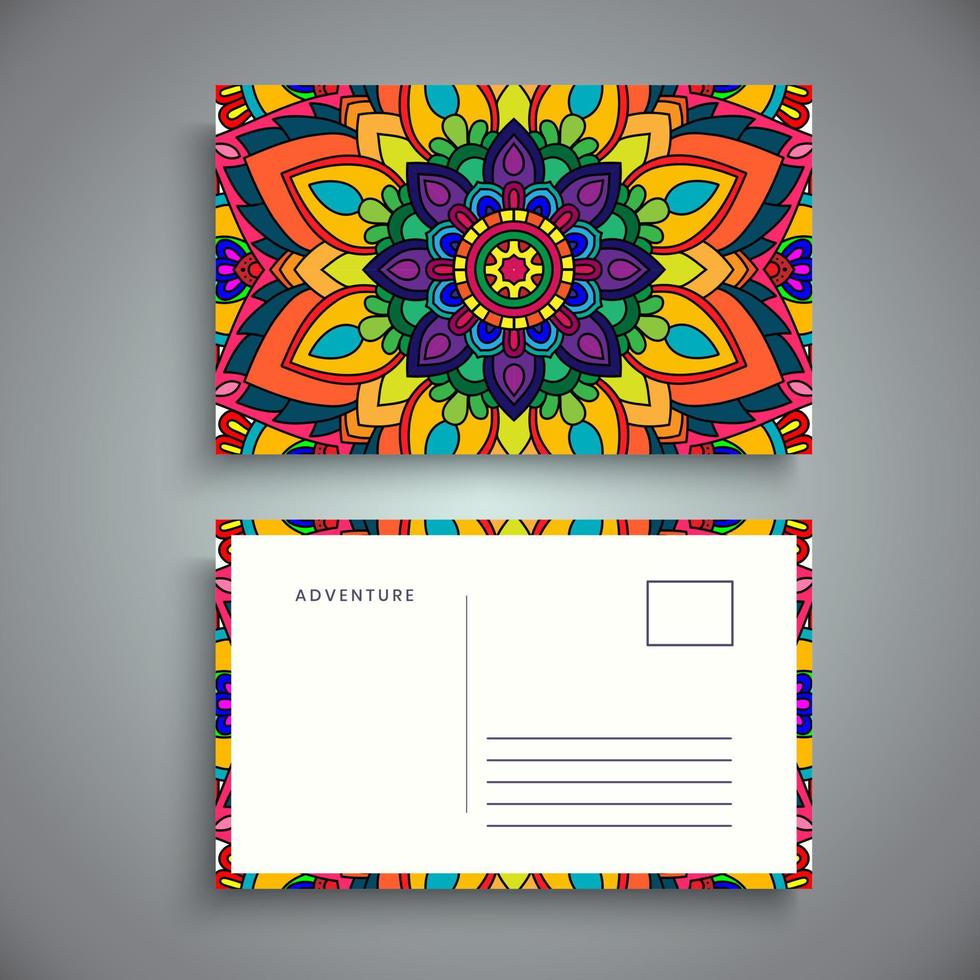 Postcard design template with arabesque floral mandala, Bright floral ornamental elements, Vector background template with ornamental mandala pattern design